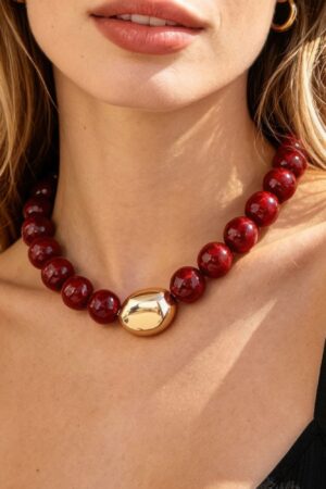 Marble Beaded Necklace with Polished Oval Pendant