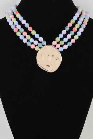 Triple Beaded Disc Statement Necklace – Textured Pendant