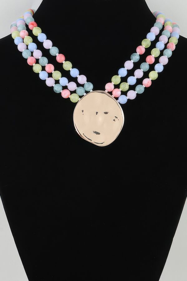 Triple Beaded Disc Statement Necklace – Textured Pendant