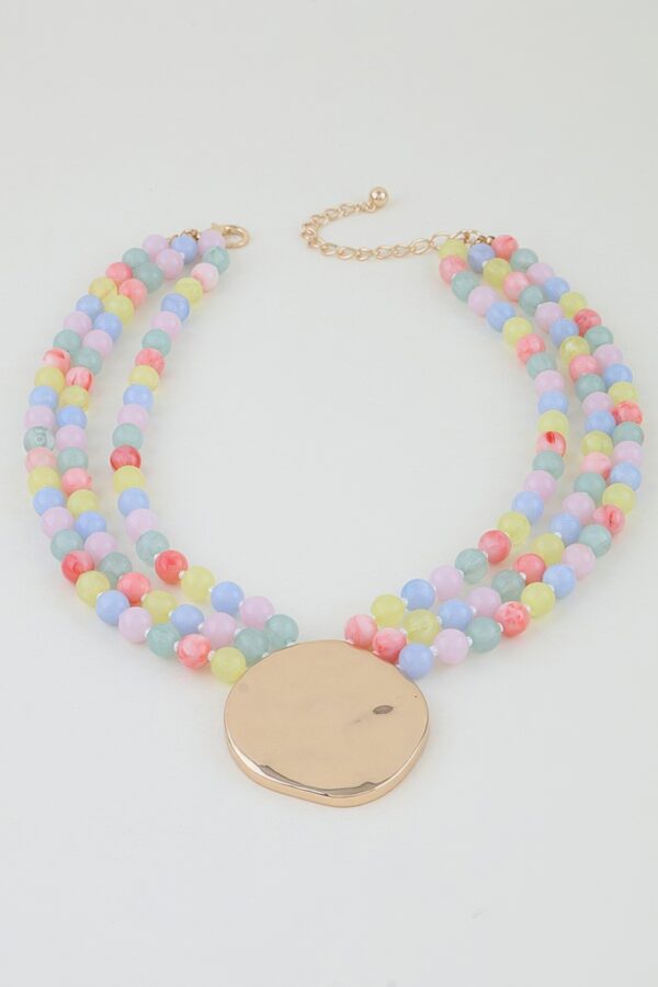 Triple Beaded Disc Statement Necklace - Textured Pendant