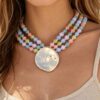 Triple Beaded Disc Statement Necklace - Textured Pendant