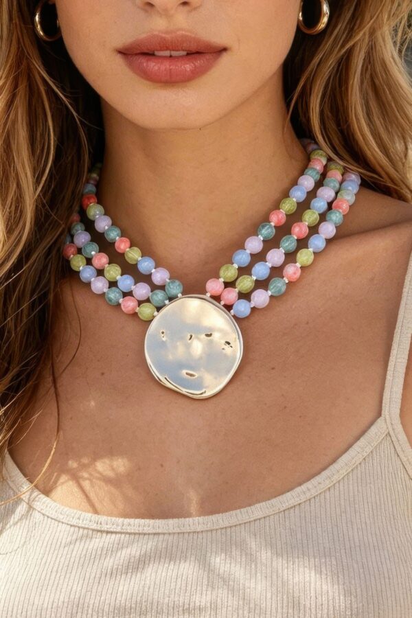Triple Beaded Disc Statement Necklace - Textured Pendant