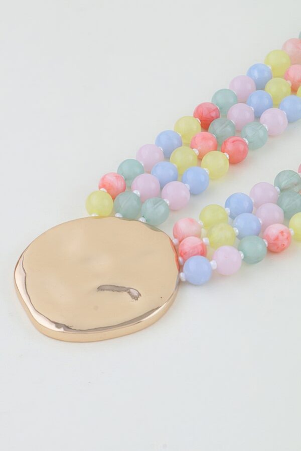 Triple Beaded Disc Statement Necklace - Textured Pendant