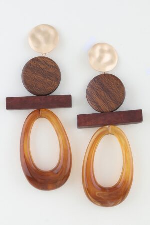 Modern Earth Marbled Drop Earrings with Wood Accents