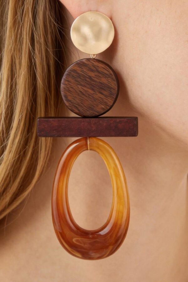 Modern Earth Marbled Drop Earrings with Wood Accents