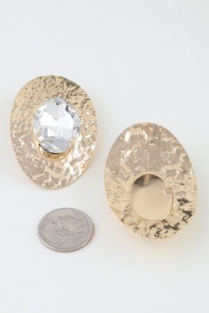 Hammered Disc Rhinestone Earrings with Faceted Stone