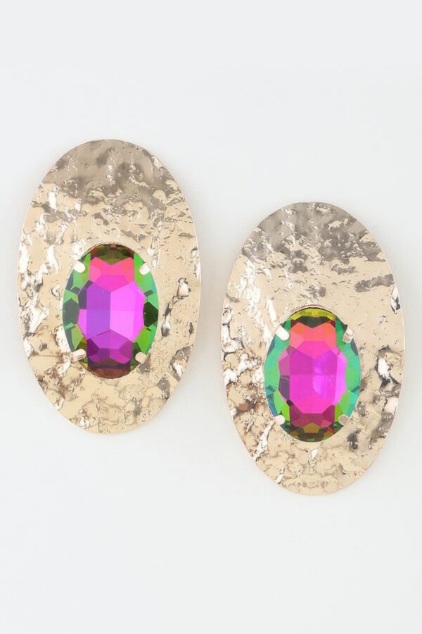 Hammered Disc Rhinestone Earrings with Faceted Stone