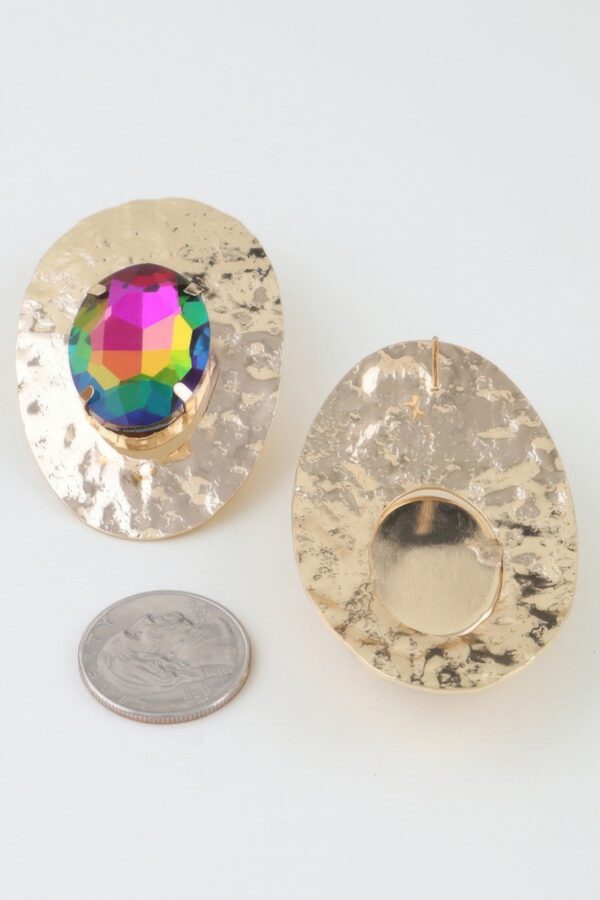 Hammered Disc Rhinestone Earrings with Faceted Stone