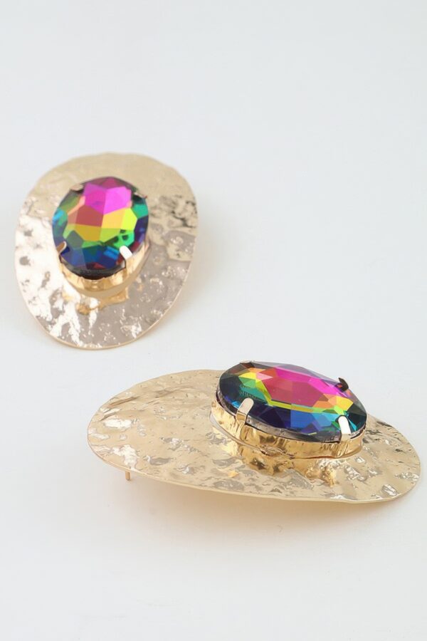 Hammered Disc Rhinestone Earrings with Faceted Stone