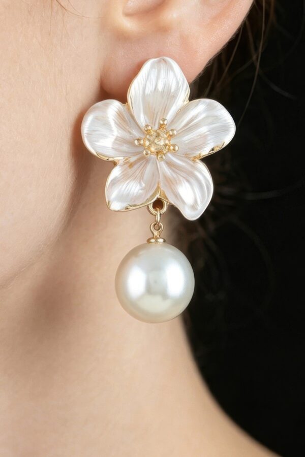 Polished Flower Pearl Drop Earrings - Five-Petal Stud