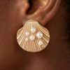 Clamshell Earrings with Faux Pearls - Ridged Shell Detail