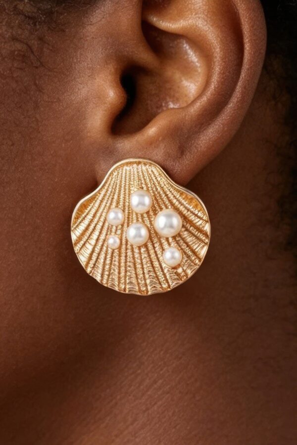 Clamshell Earrings with Faux Pearls - Ridged Shell Detail