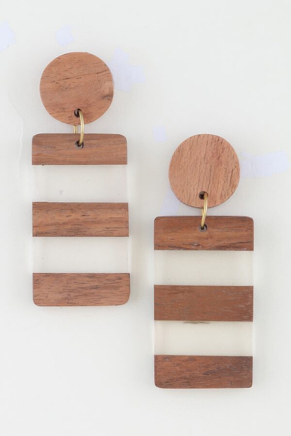Two-Tone Retro Grain Bar Earrings – Wood & Translucent