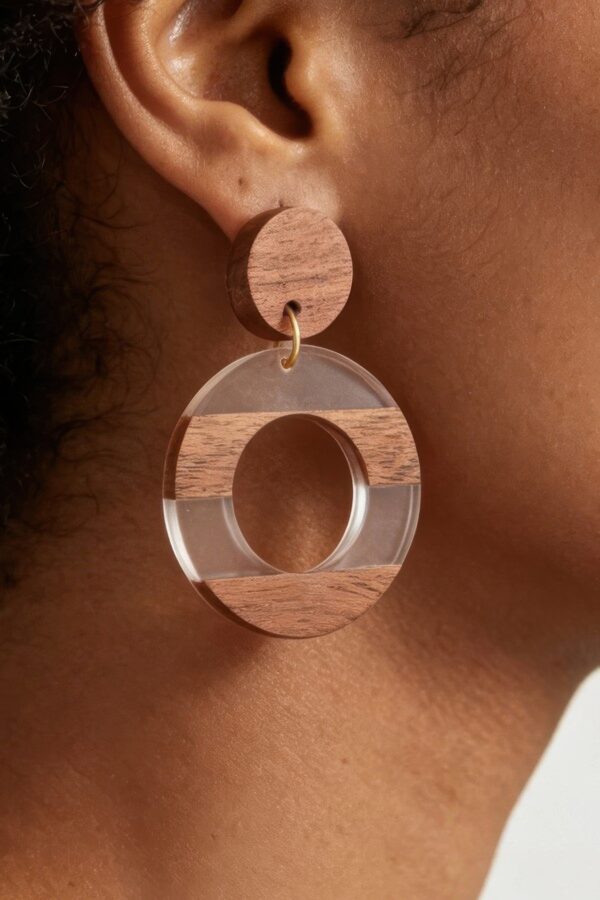 Two-Tone Retro Grain Drop Earrings - Wood & Striped Accents