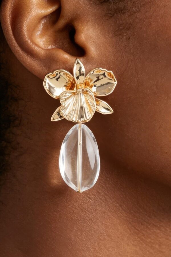 Hammered Orchid Drop Earrings with Clear Teardrop