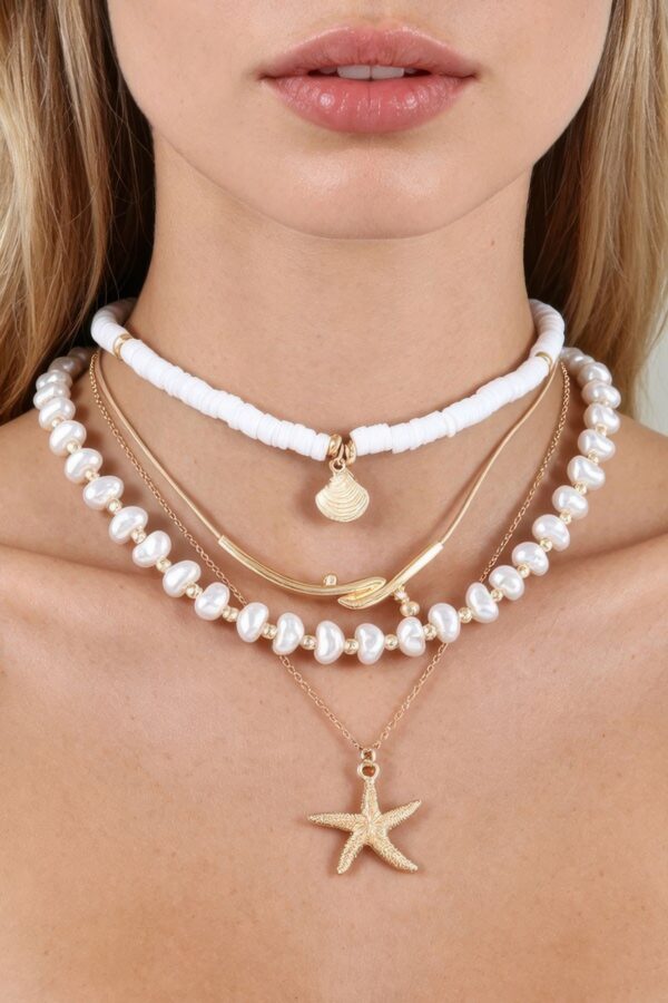 Layered Starfish Beaded Necklace - 16" Coastal Charm