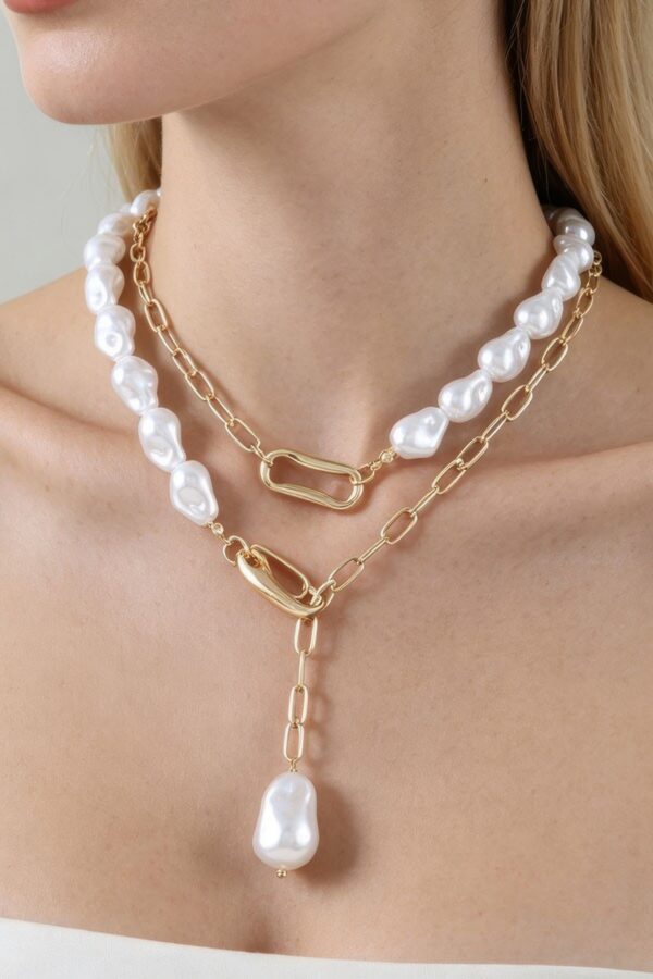 Layered Stone-Bead Statement Necklace with Paperclip Chains