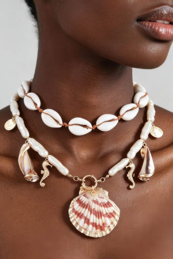 Under The Sea Double Charm Necklace - Cowrie & Scallop