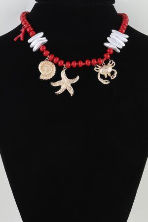 Coral Reef Hammered Beaded Necklace – Red & Gold