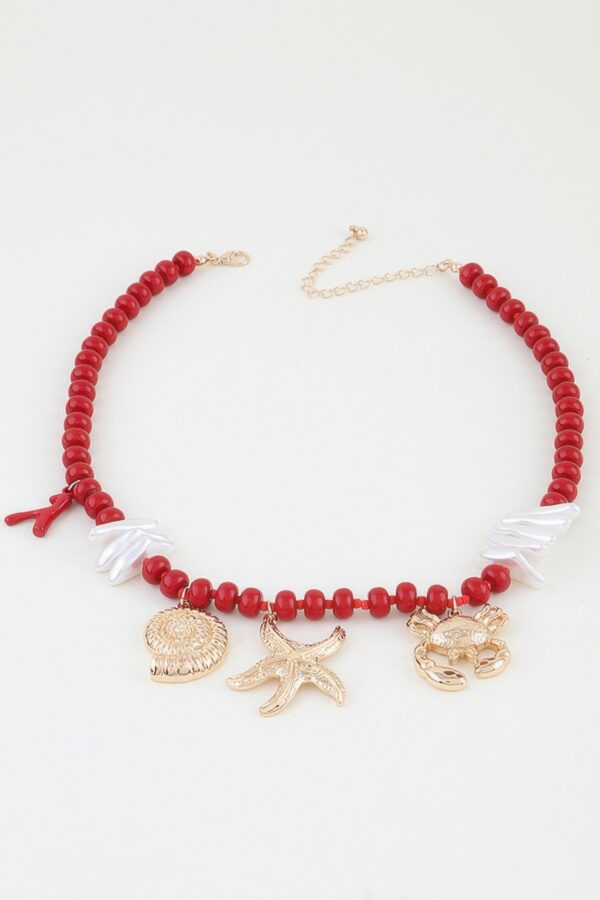 Coral Reef Hammered Beaded Necklace - Red & Gold