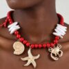 Coral Reef Hammered Beaded Necklace - Red & Gold