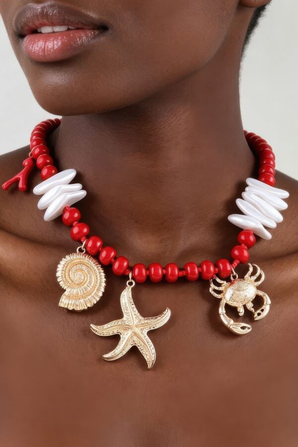 Coral Reef Hammered Beaded Necklace - Red & Gold