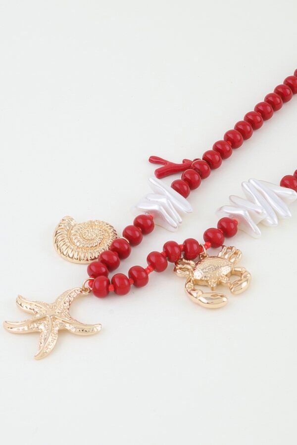 Coral Reef Hammered Beaded Necklace - Red & Gold