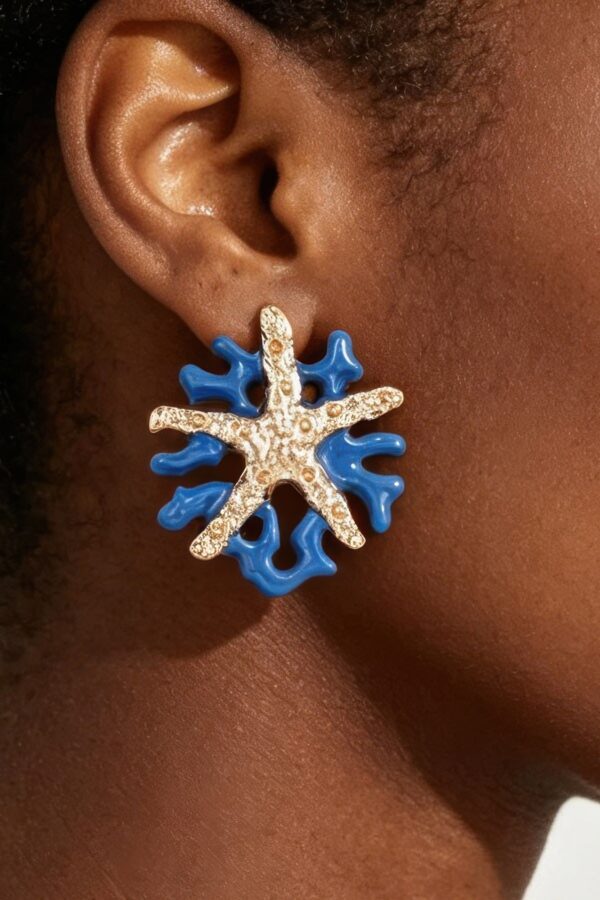 Hammered Starfish Coral Earrings - Blue Enamel