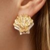 Two-Tone Clamshell Clasp Earrings - Gold-Tone & Pearlized