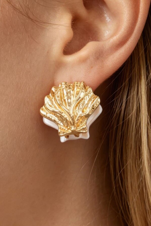 Two-Tone Clamshell Clasp Earrings - Gold-Tone & Pearlized