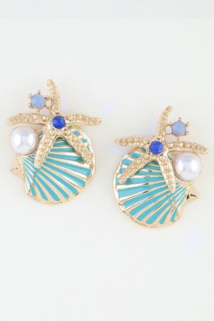 Turquoise Enamel Starfish Shell Stud Earrings