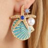 Turquoise Enamel Starfish Shell Stud Earrings