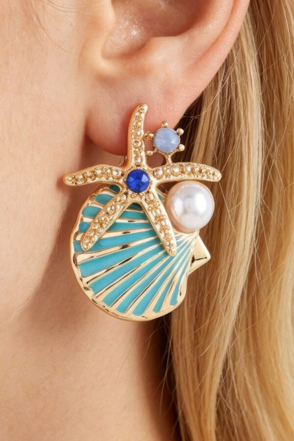 Turquoise Enamel Starfish Shell Stud Earrings