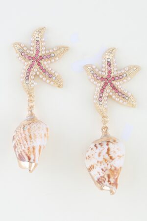 Bejeweled Starfish Shell Drop Earrings – Pink Accent