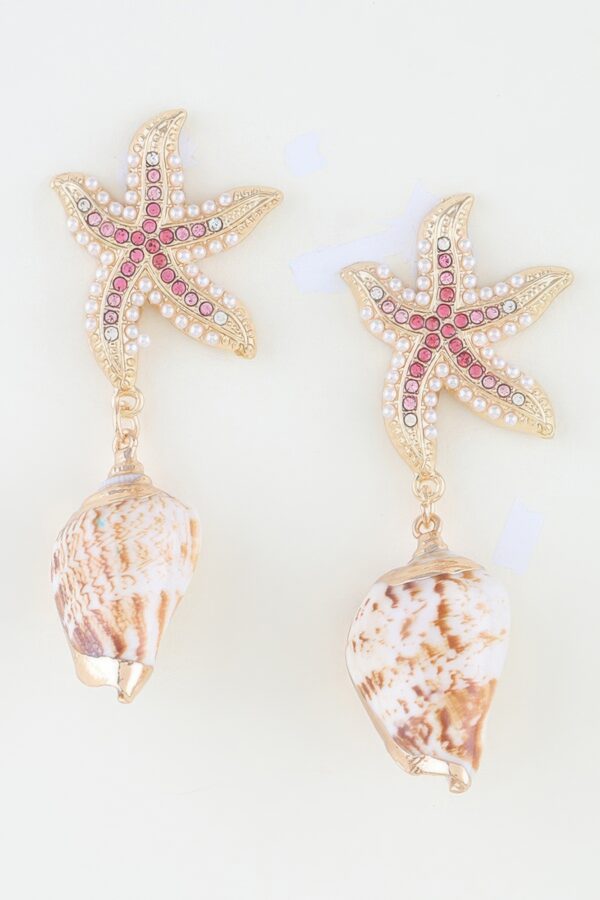 Bejeweled Starfish Shell Drop Earrings – Pink Accent