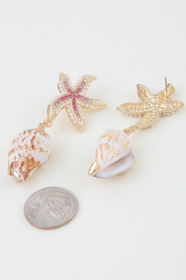 Bejeweled Starfish Shell Drop Earrings - Pink Accent