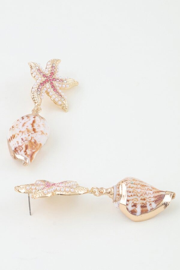 Bejeweled Starfish Shell Drop Earrings - Pink Accent