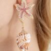 Bejeweled Starfish Shell Drop Earrings - Pink Accent