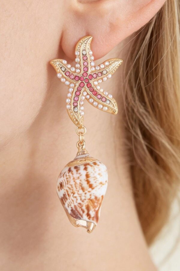 Bejeweled Starfish Shell Drop Earrings - Pink Accent