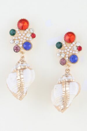 Bejeweled Shell Drop Earrings with Pearls