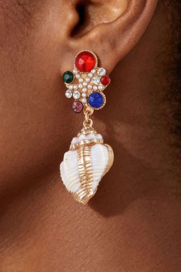 Bejeweled Shell Drop Earrings with Pearls