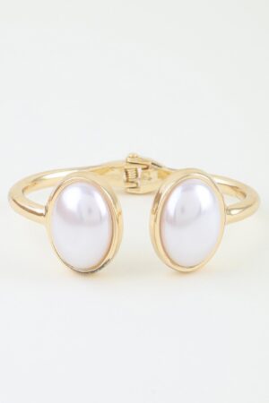 Pearl Open Cuff Bracelet – Polished Metal Oval Accents