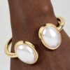Pearl Open Cuff Bracelet - Polished Metal Oval Accents