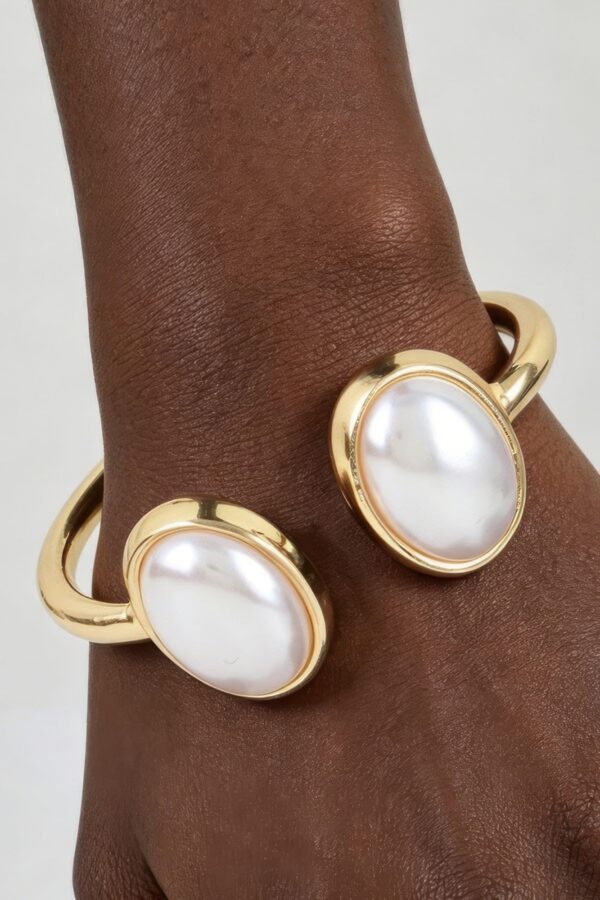 Pearl Open Cuff Bracelet - Polished Metal Oval Accents