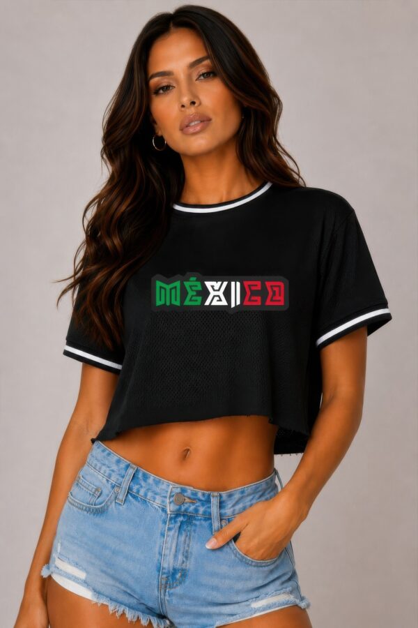 Micro Mesh Mexico Print Crop Top – Striped Tape Trim