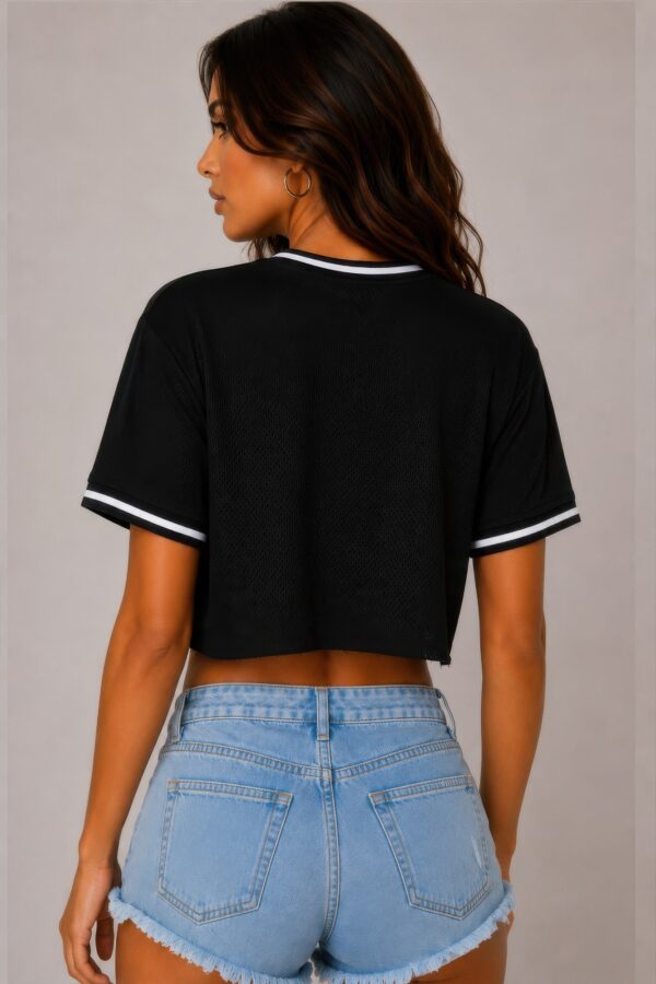 Micro Mesh Mexico Print Crop Top - Striped Tape Trim