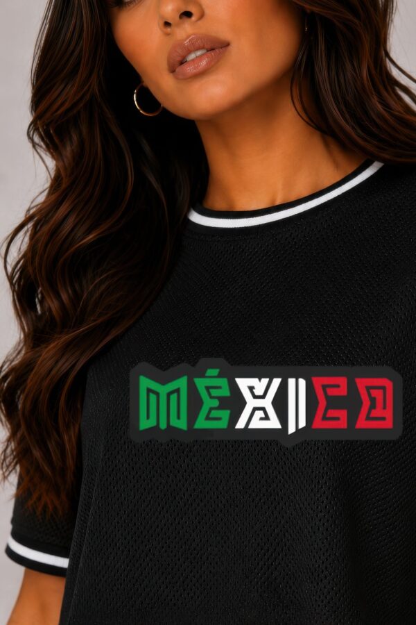 Micro Mesh Mexico Print Crop Top - Striped Tape Trim