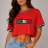 Micro Mesh Mexico Print Crop Top - Striped Tape Trim