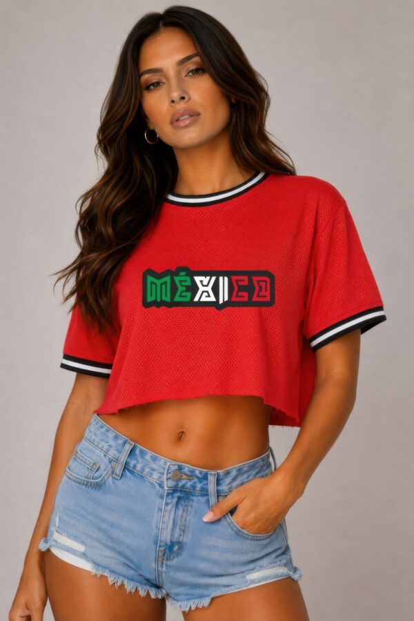 Micro Mesh Mexico Print Crop Top - Striped Tape Trim