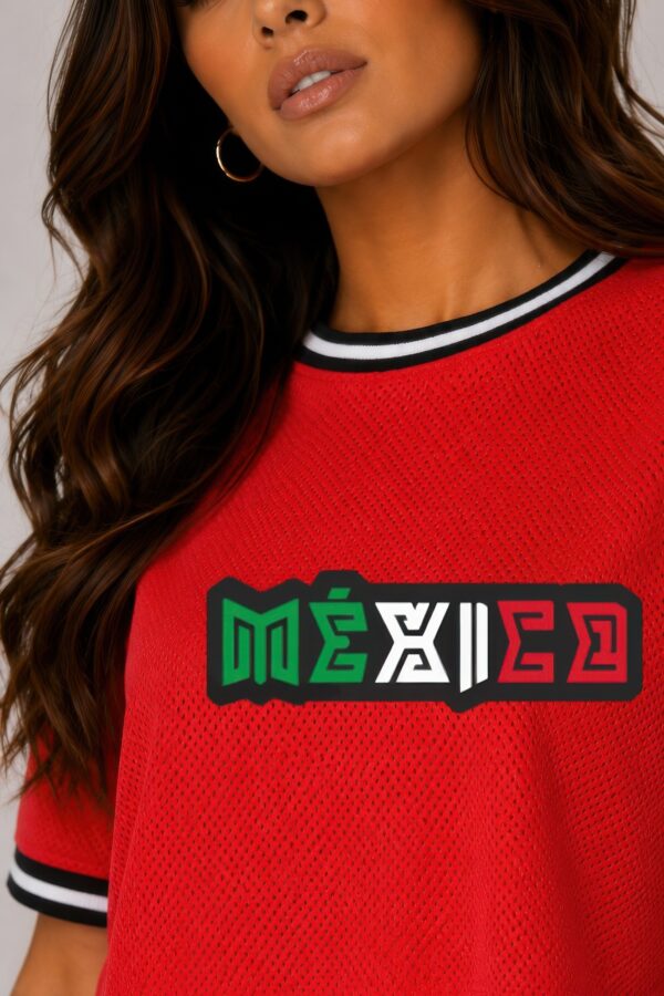 Micro Mesh Mexico Print Crop Top - Striped Tape Trim